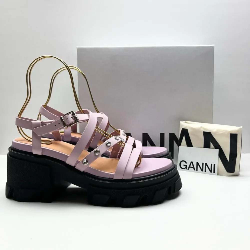 GANNI Crystal Embellished Strappy Block Heel Sandals EU 41 US 11 Pink Platform - Picture 11 of 11